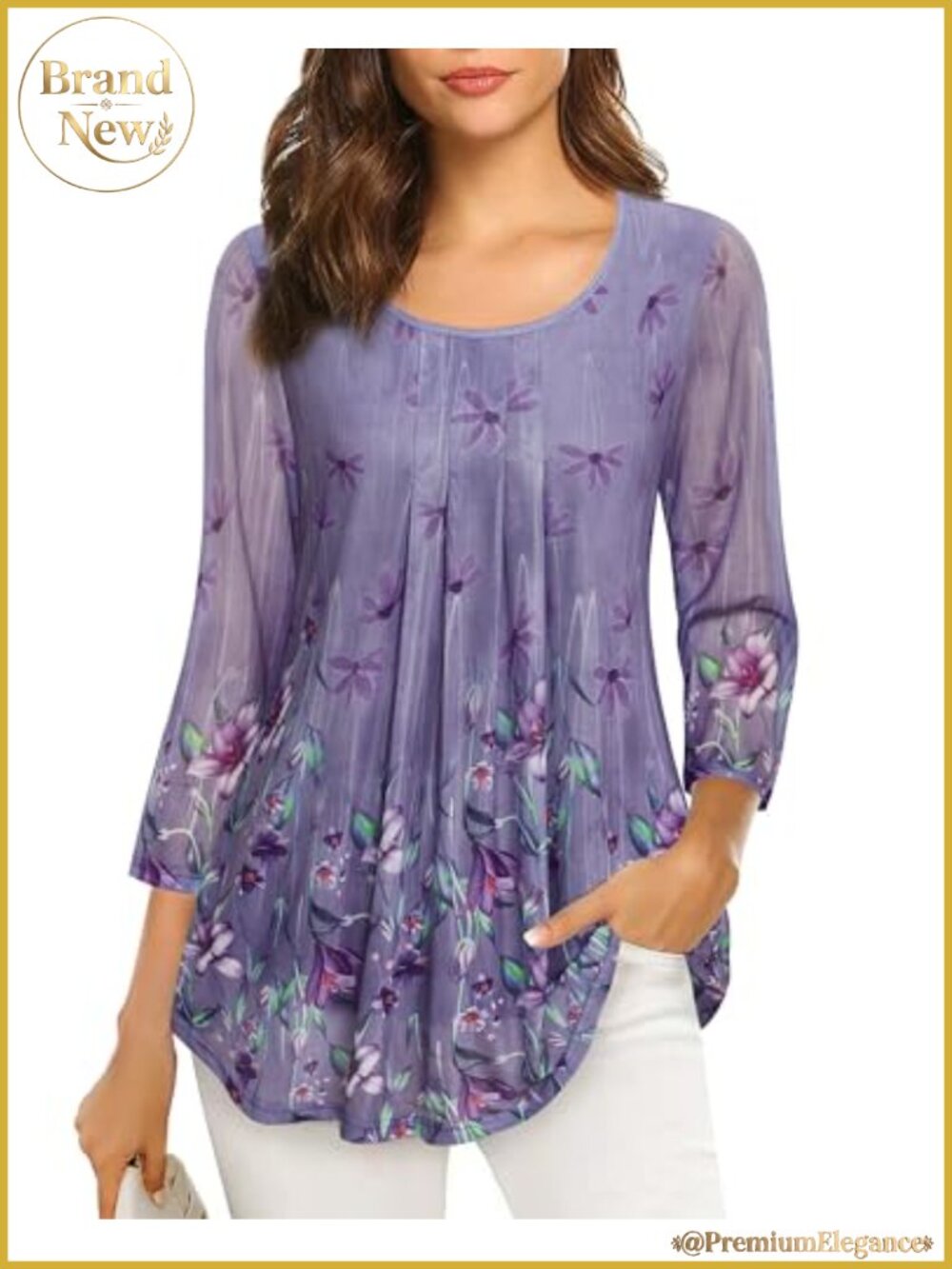 Ladies 3/4 Sleeve Casual Loose Fit Floral Tunic Blouse